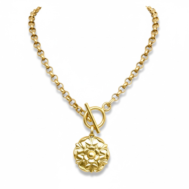 Matte Gold Flower Pendant On Rolo Chain