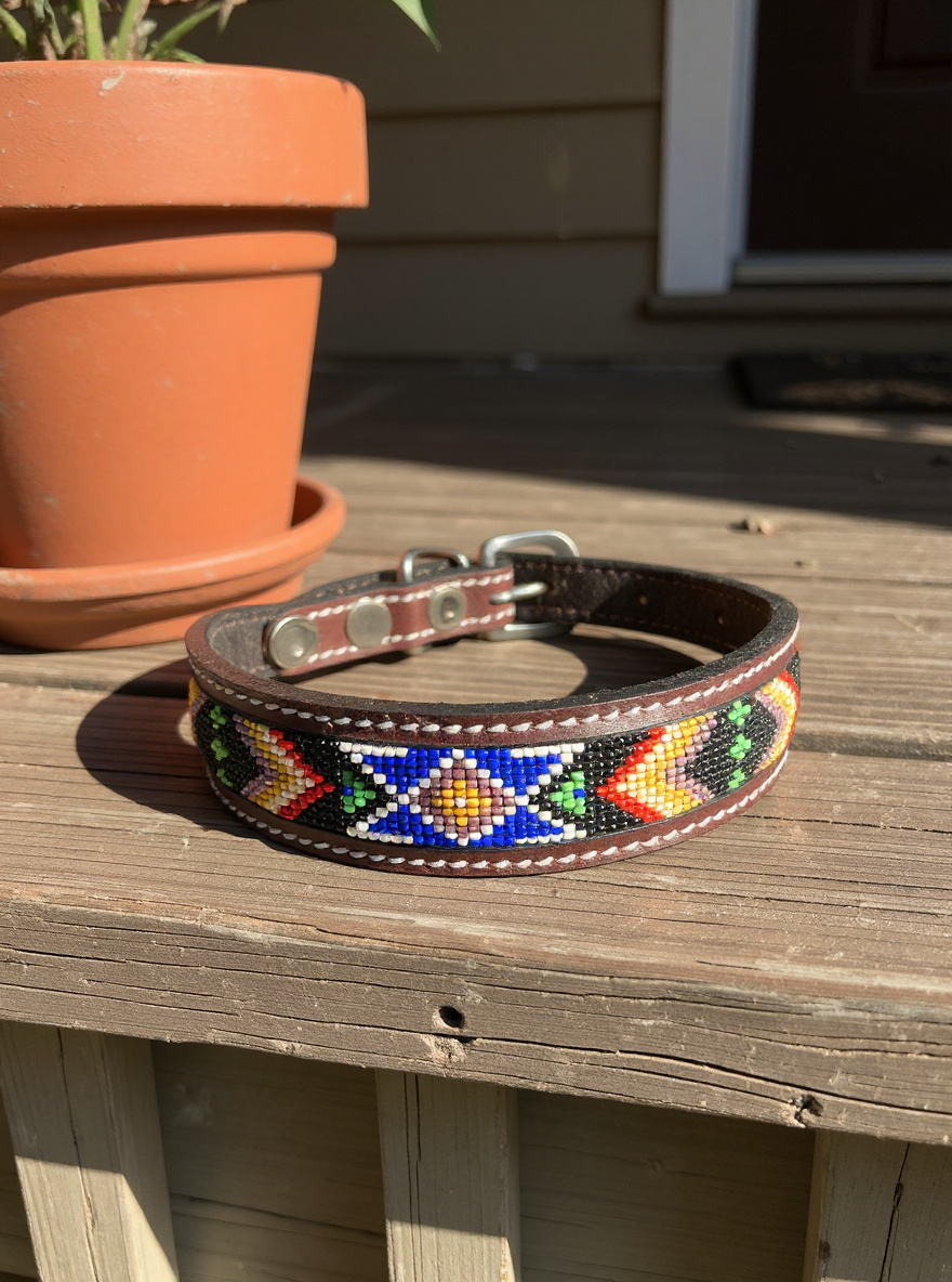 Epic Padded Leather Dog Collar with Beaded Design R