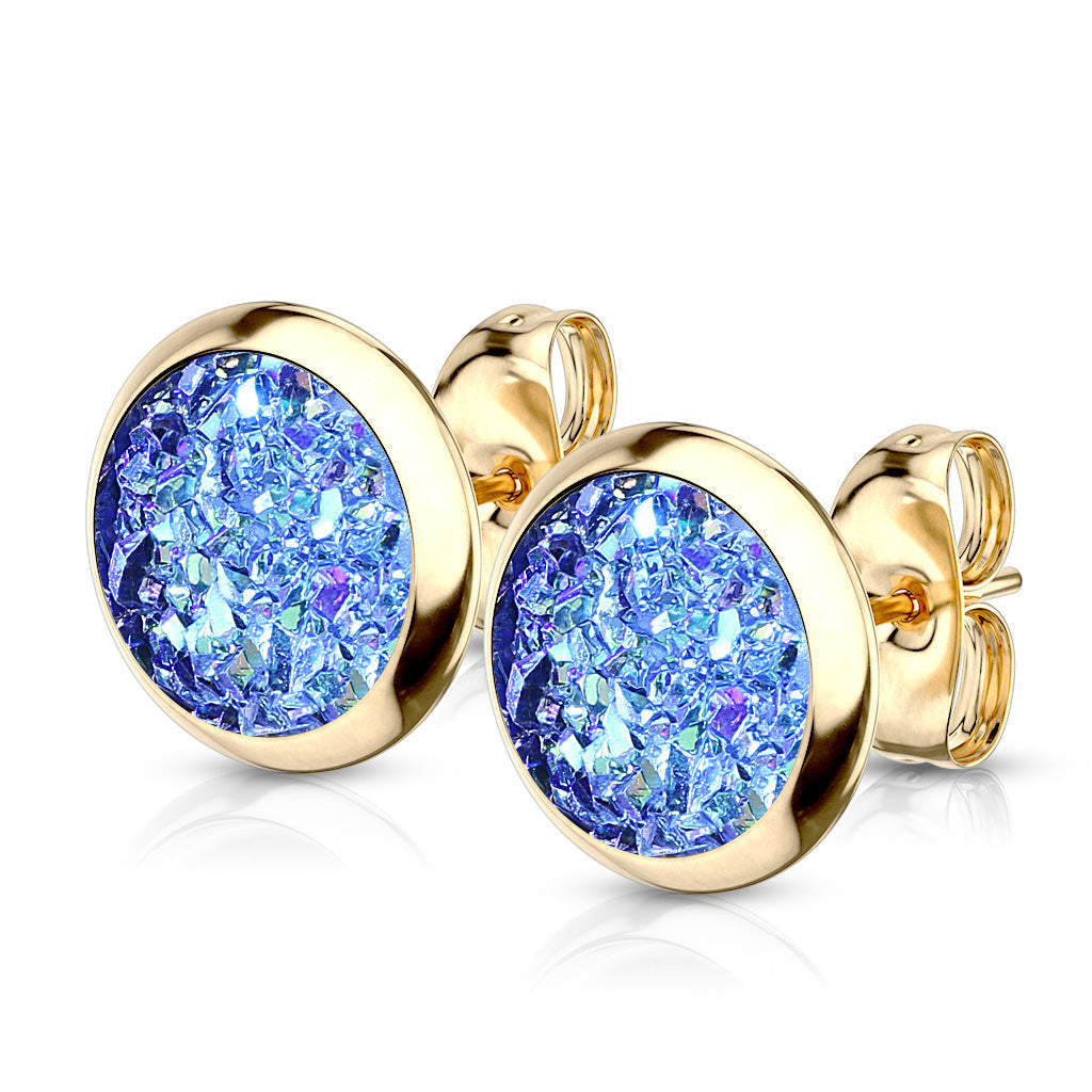8mm Blue Synthetic Druzy Stone Gold PVD 316L Stainless Steel Stud Earrings