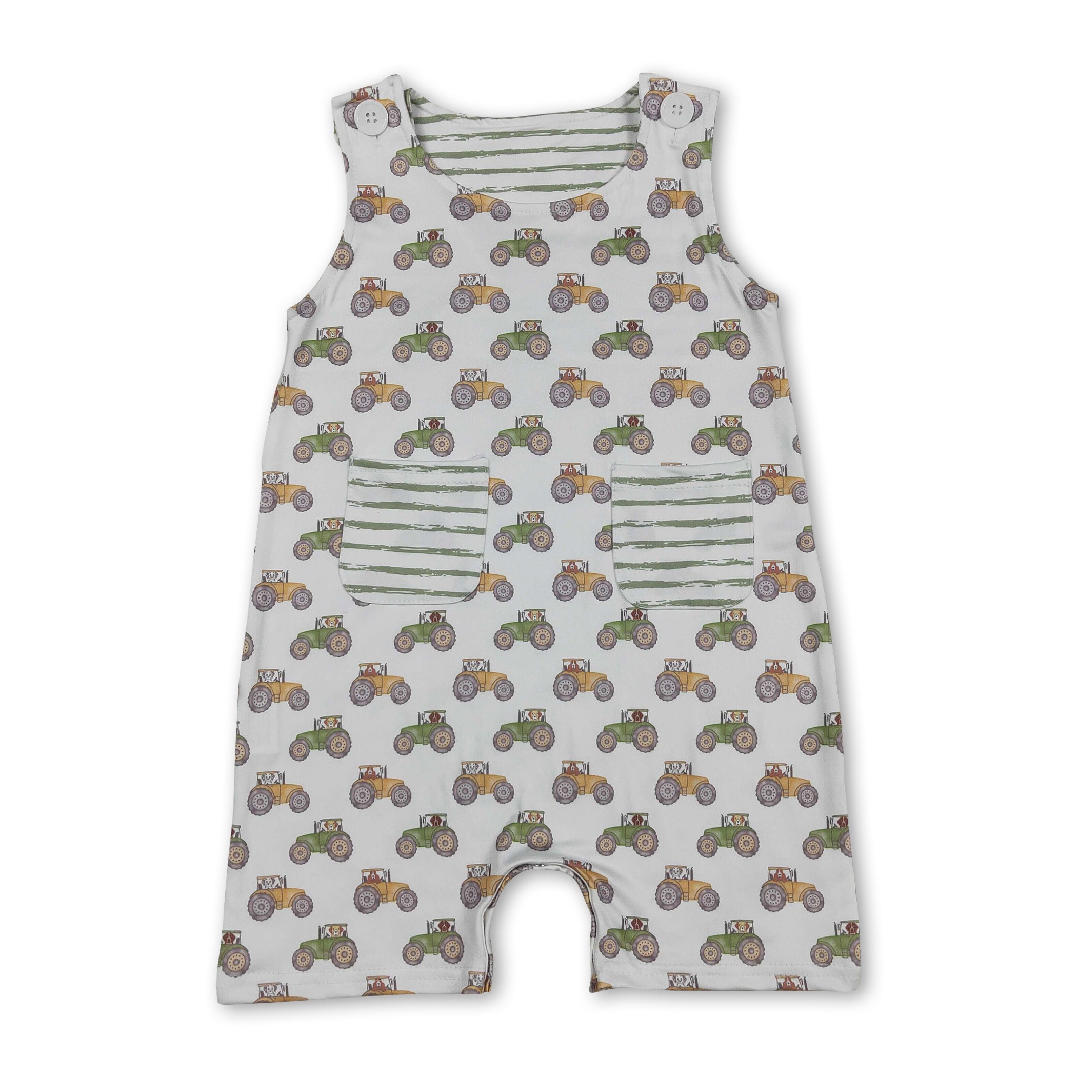 Sleeveless tractor stripe pocket baby boy romper