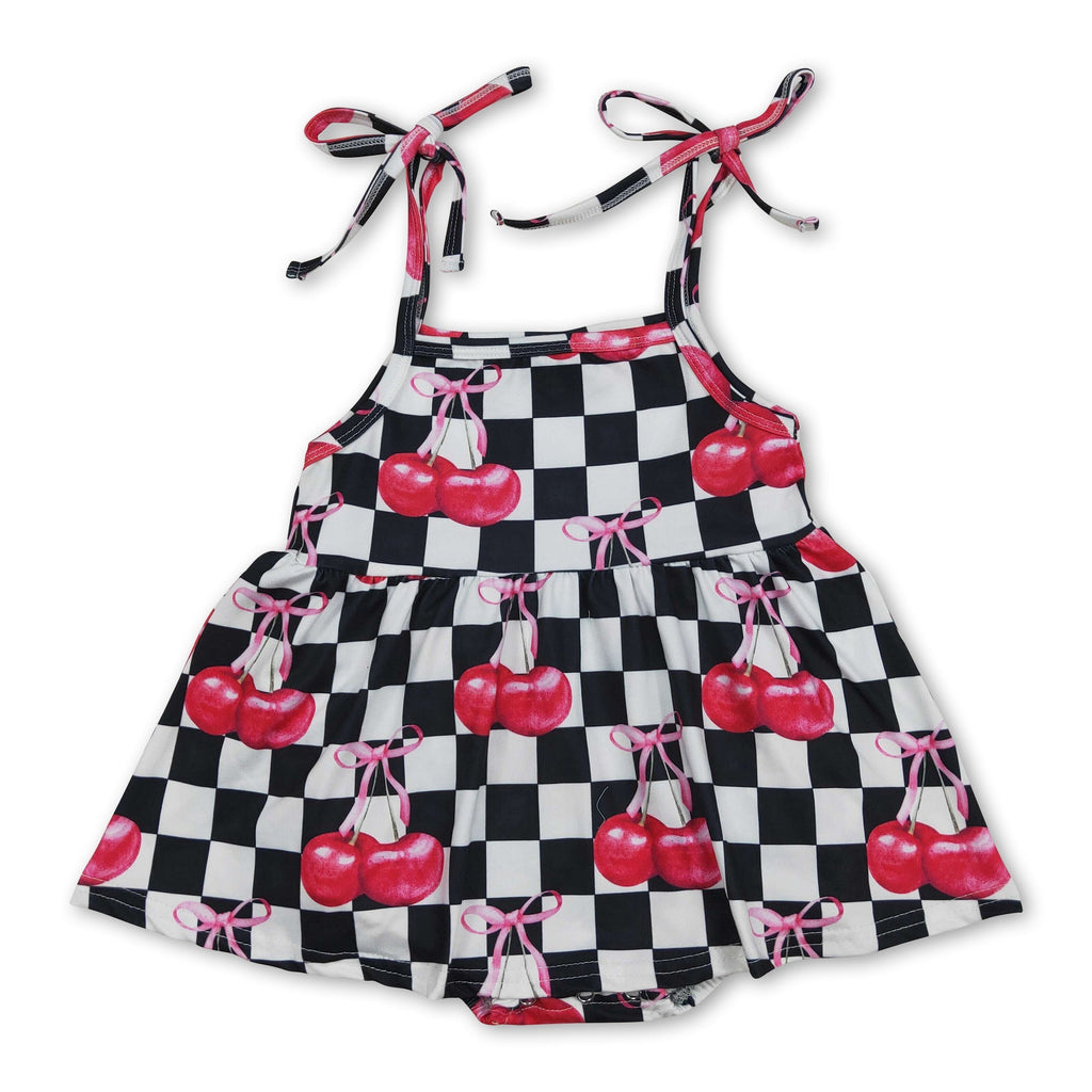 Straps black plaid cherry bow baby girls summer romper