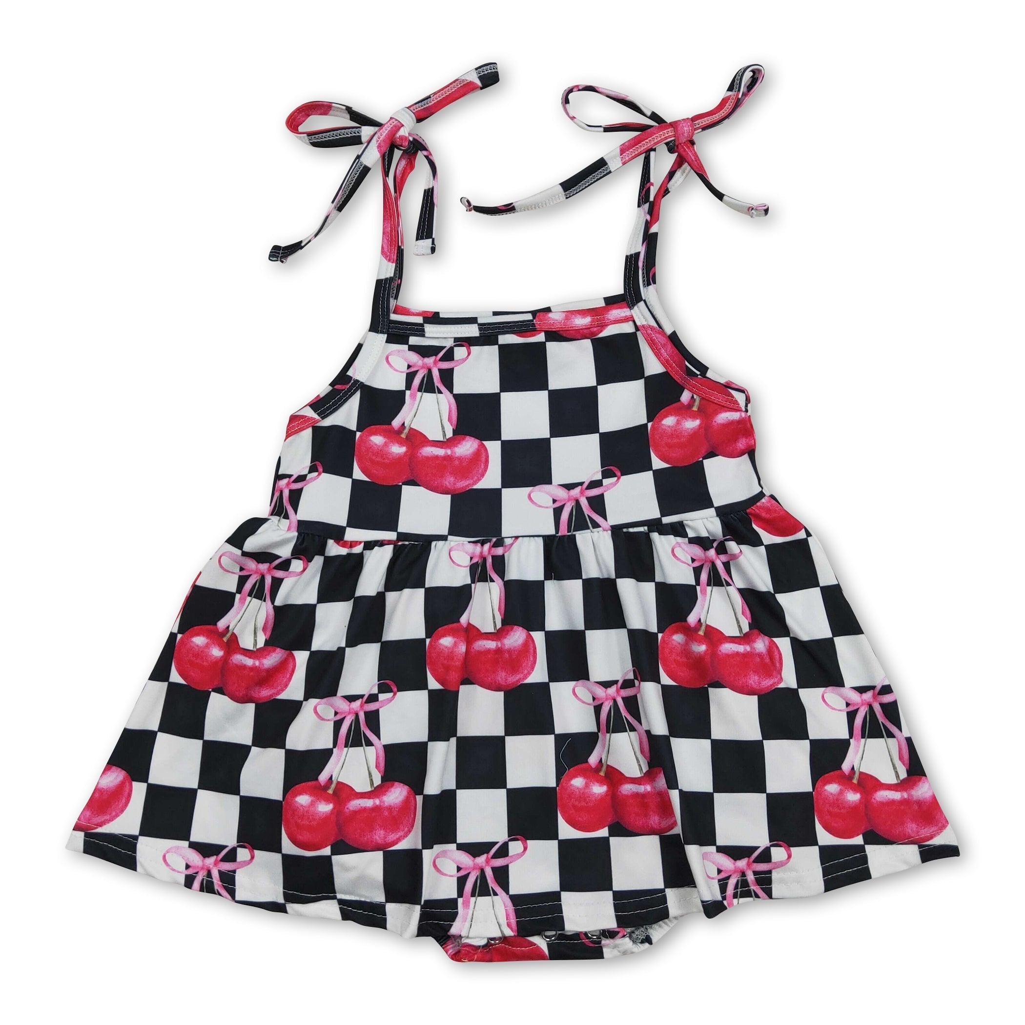 Straps black plaid cherry bow baby girls summer romper