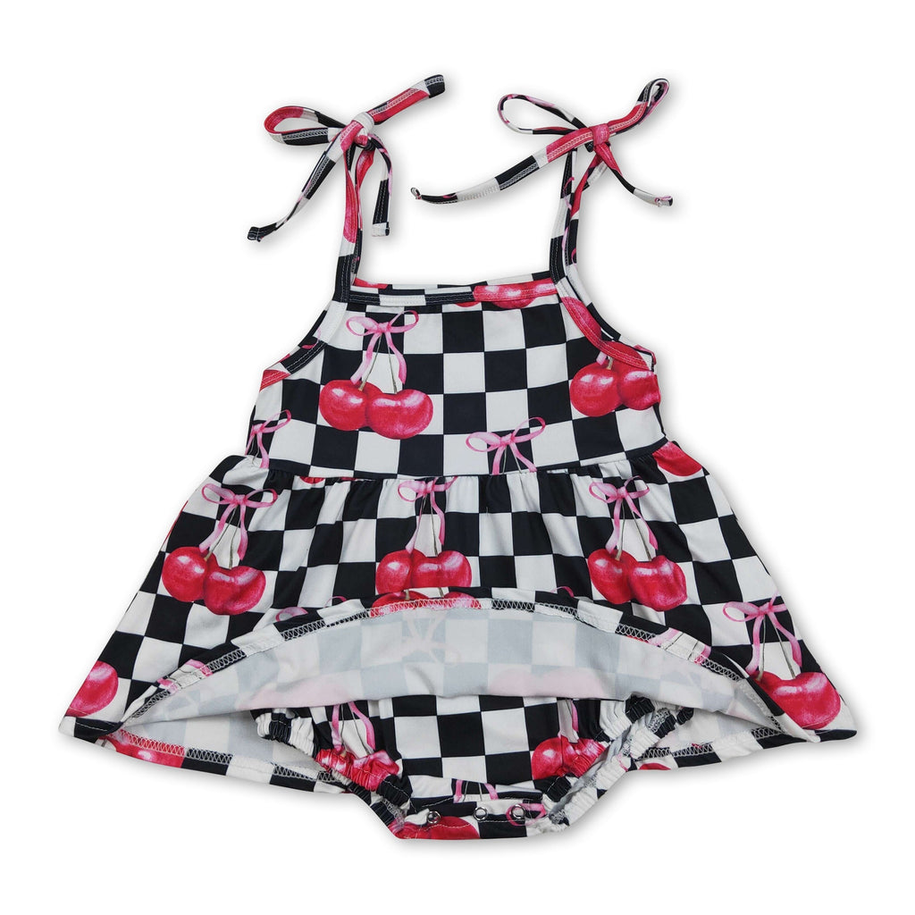 Straps black plaid cherry bow baby girls summer romper