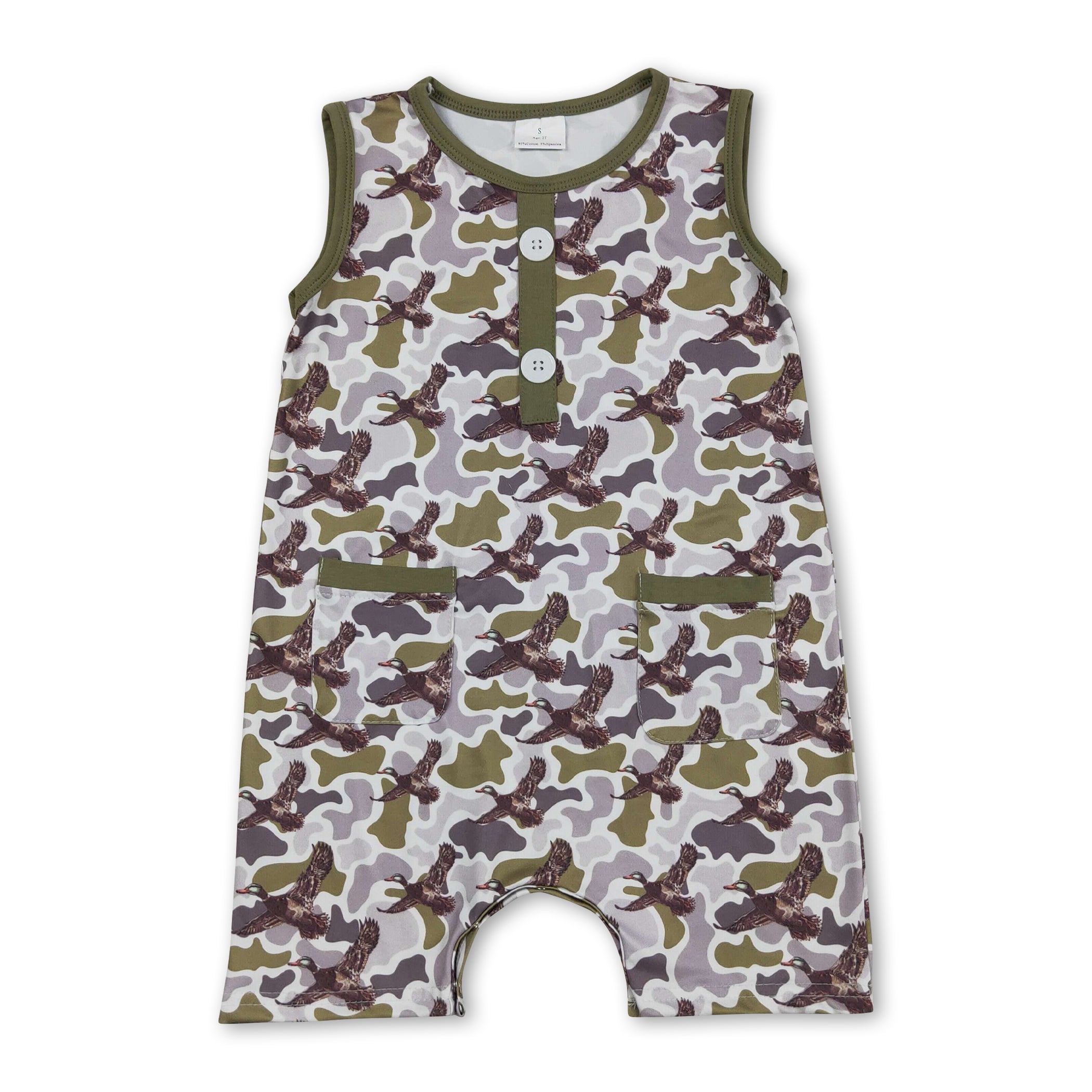 Sleeveless camo duck pockets baby boy summer romper