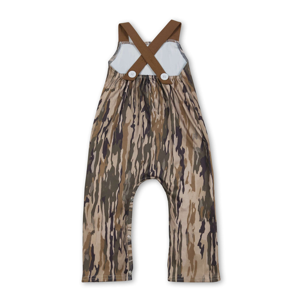 Brown straps deer embroidery pocket camo baby boy jumpsuit