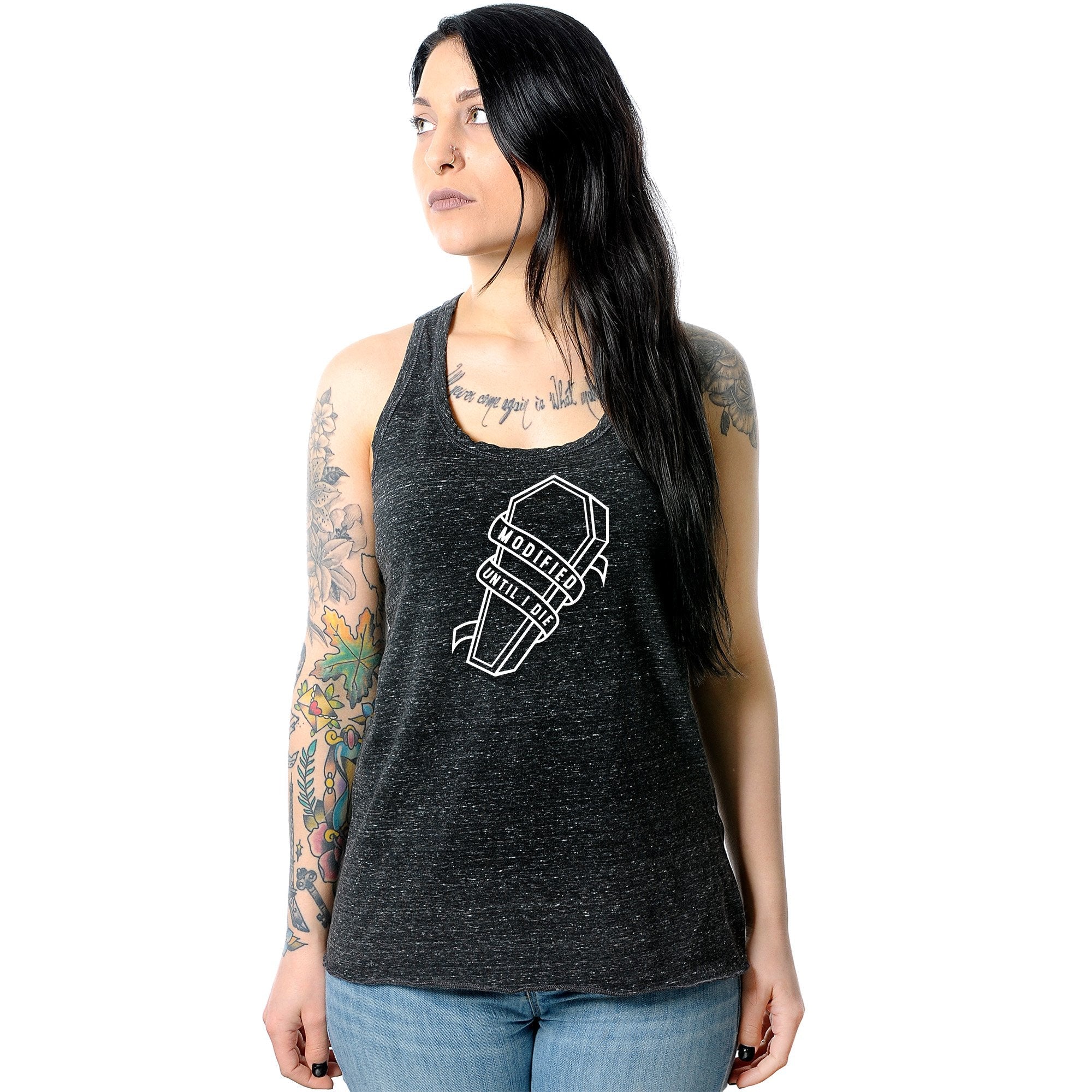 Modified Till I Die Black Gray Cosmic Twist Back Tank Top