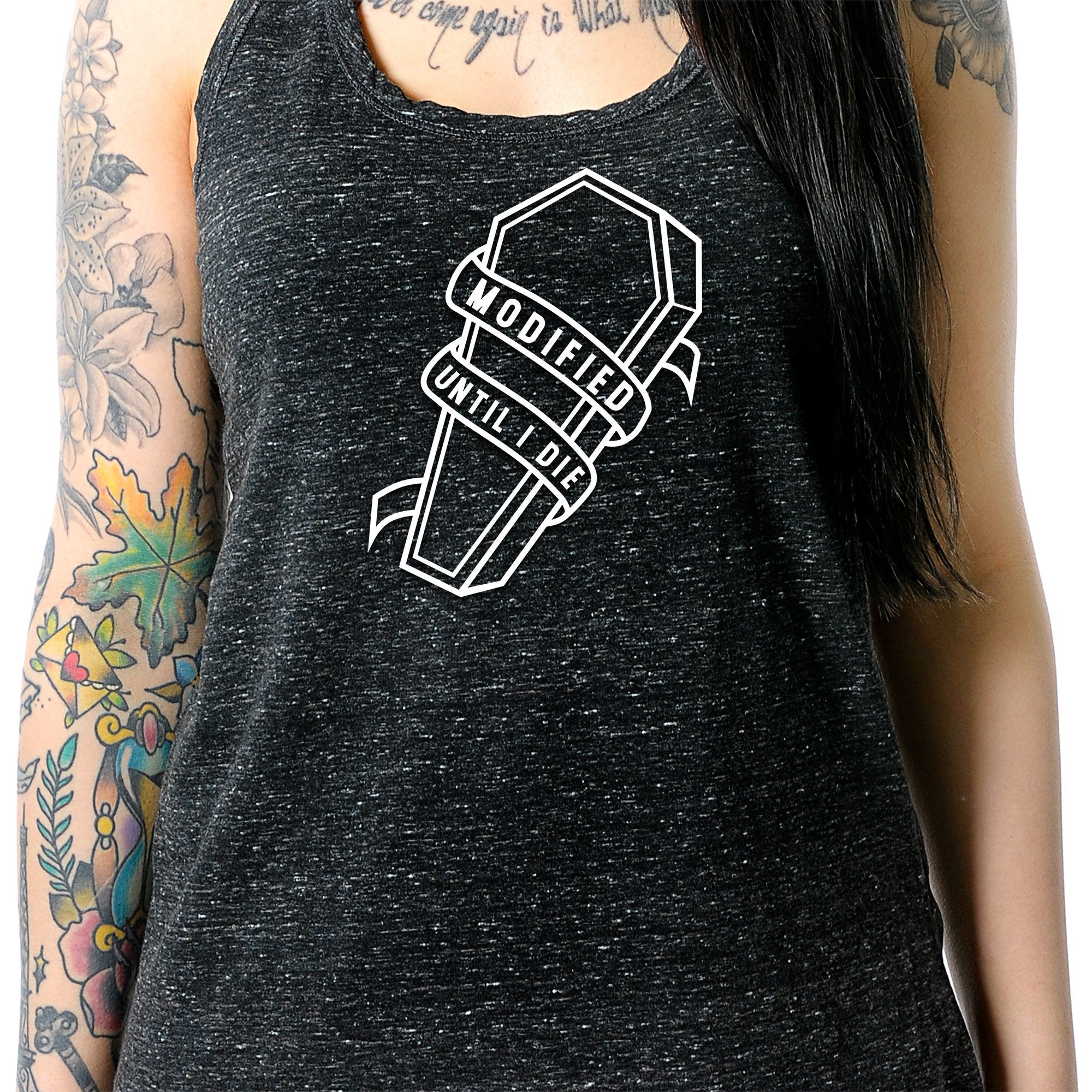 Modified Till I Die Black Gray Cosmic Twist Back Tank Top