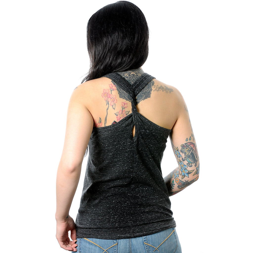 Flawless Black Gray Cosmic Twist Back Tank Top