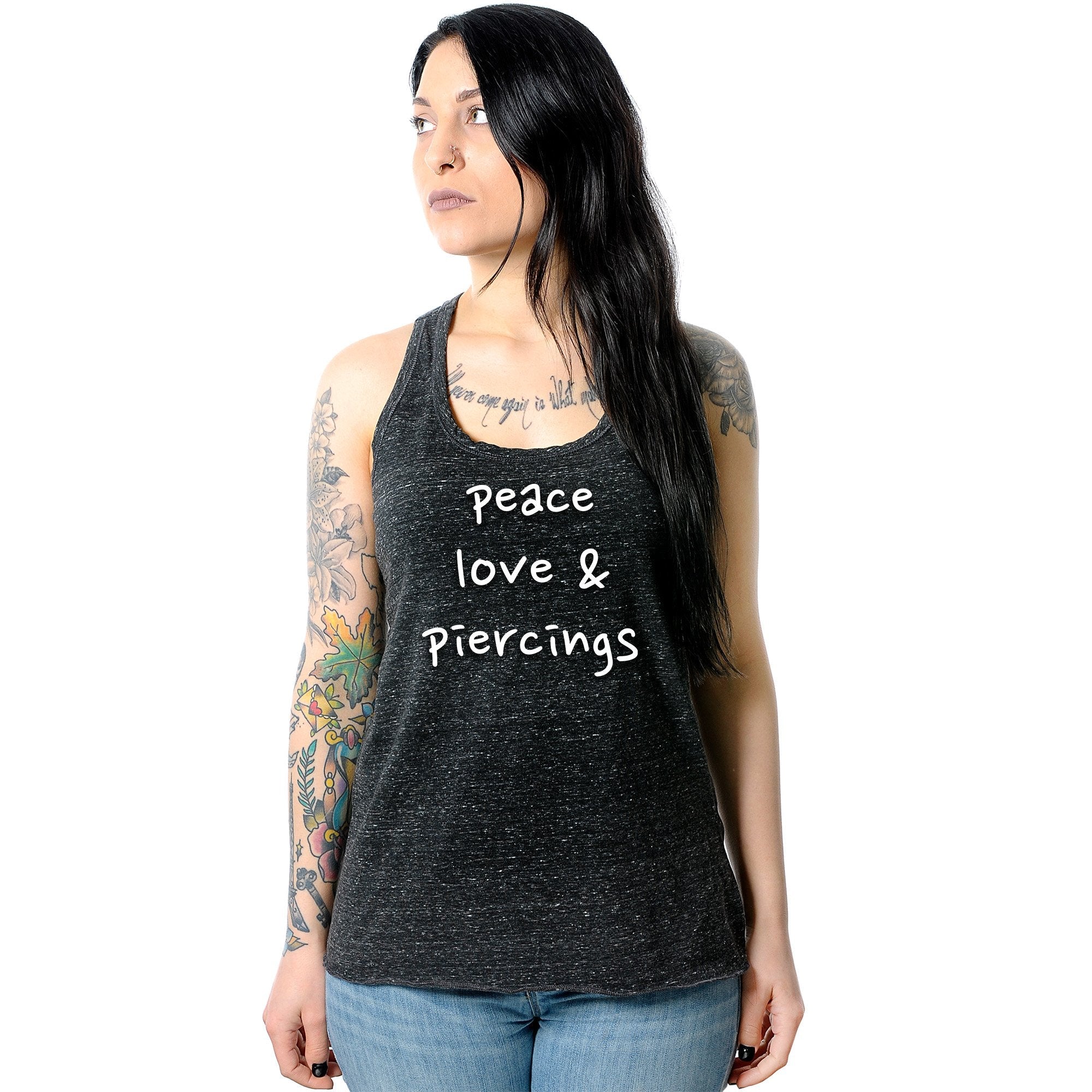 Peace Love & Piercings Black Gray Cosmic Twist Back Tank Top