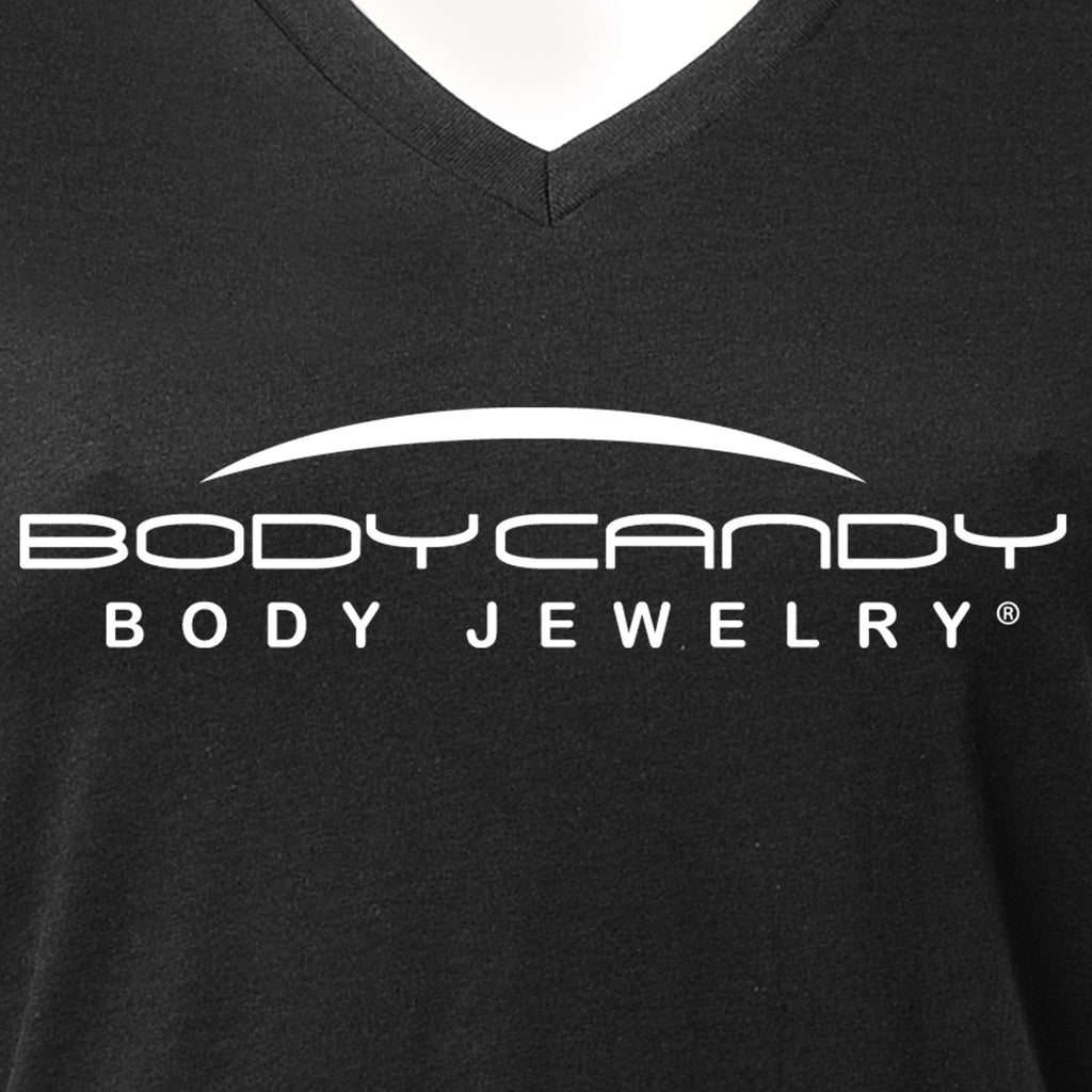 Body Candy Logo Tapered Black V-Neck Tee Shirt 100% Cotton