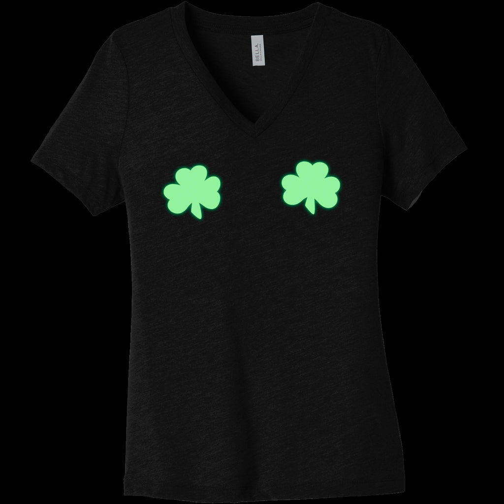 Lucky Glow in the Dark Shamrocks Black V-Neck Boobies Tee Shirt
