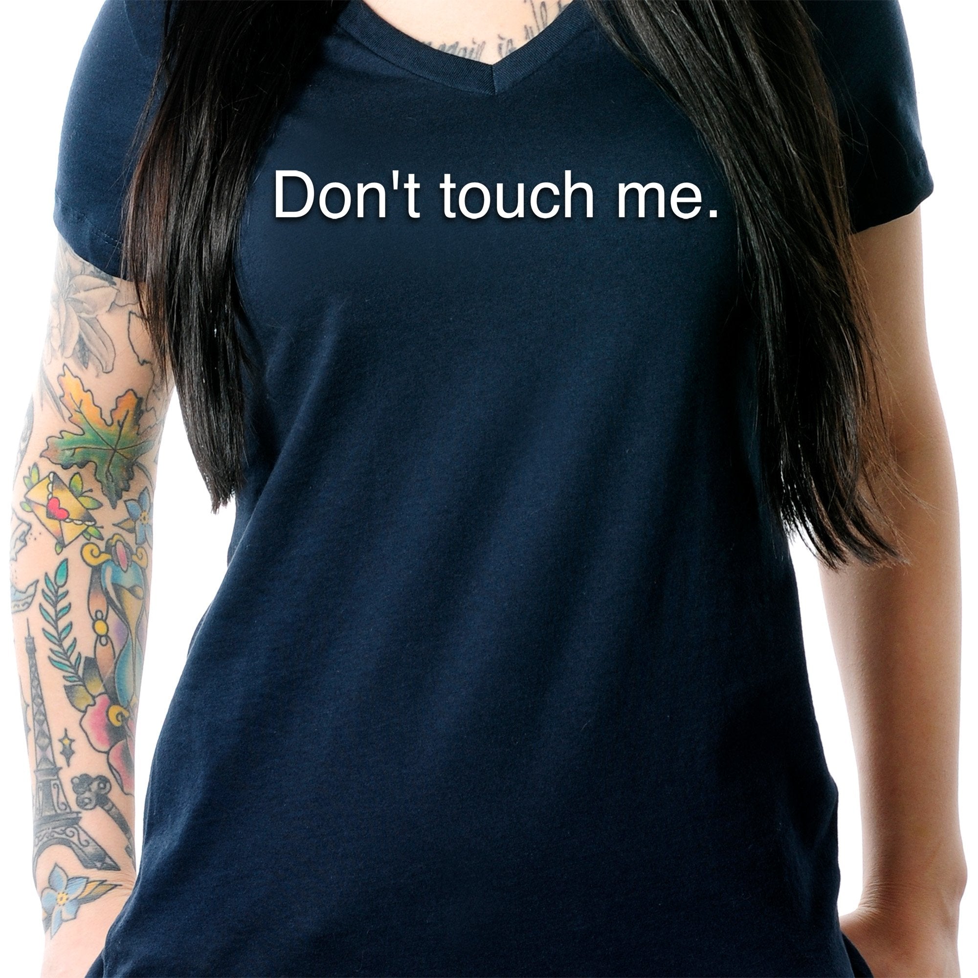 Don't Touch Me Black Tapered V-Neck Tee Shirt