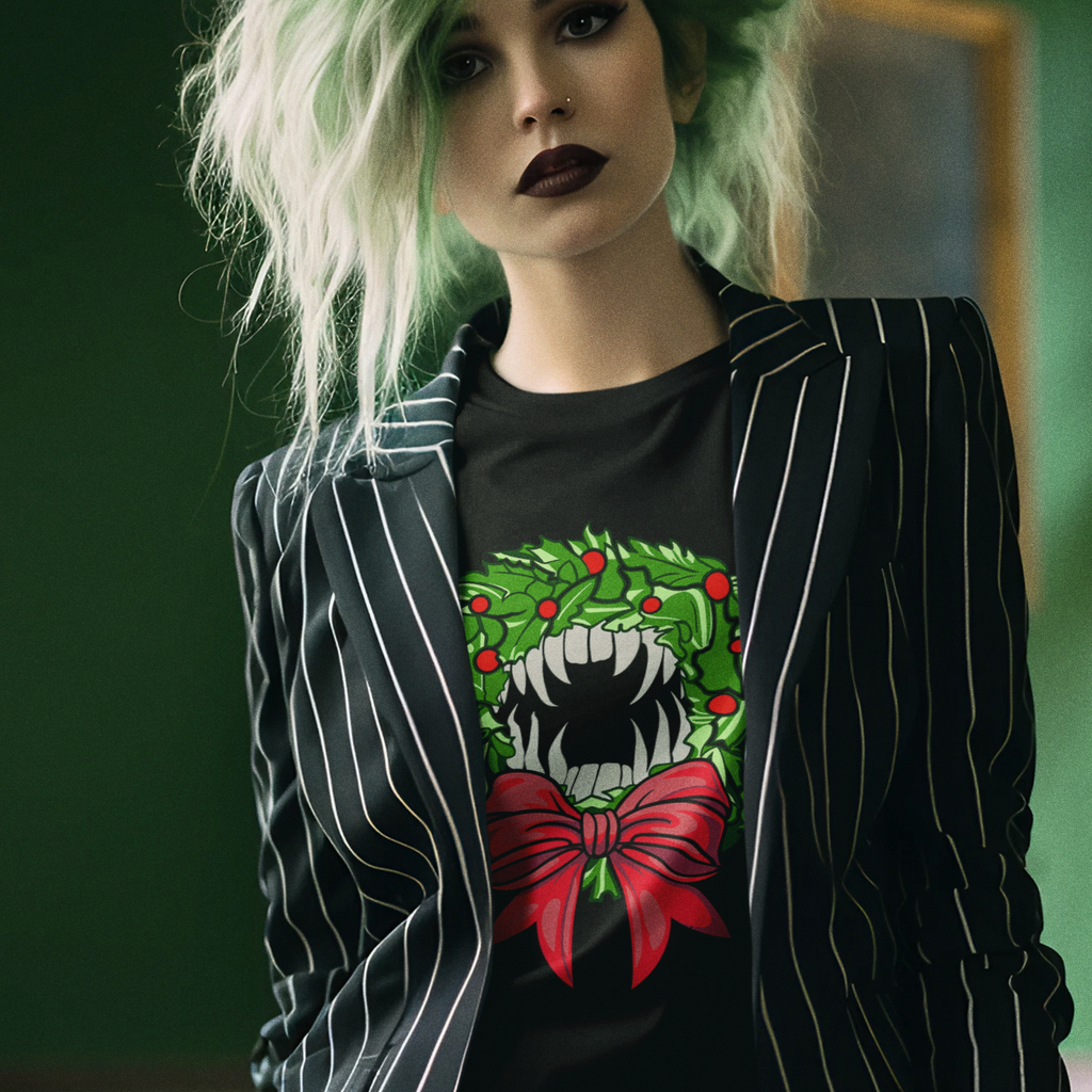 Holiday Vampire Wreath Black Tee Shirt