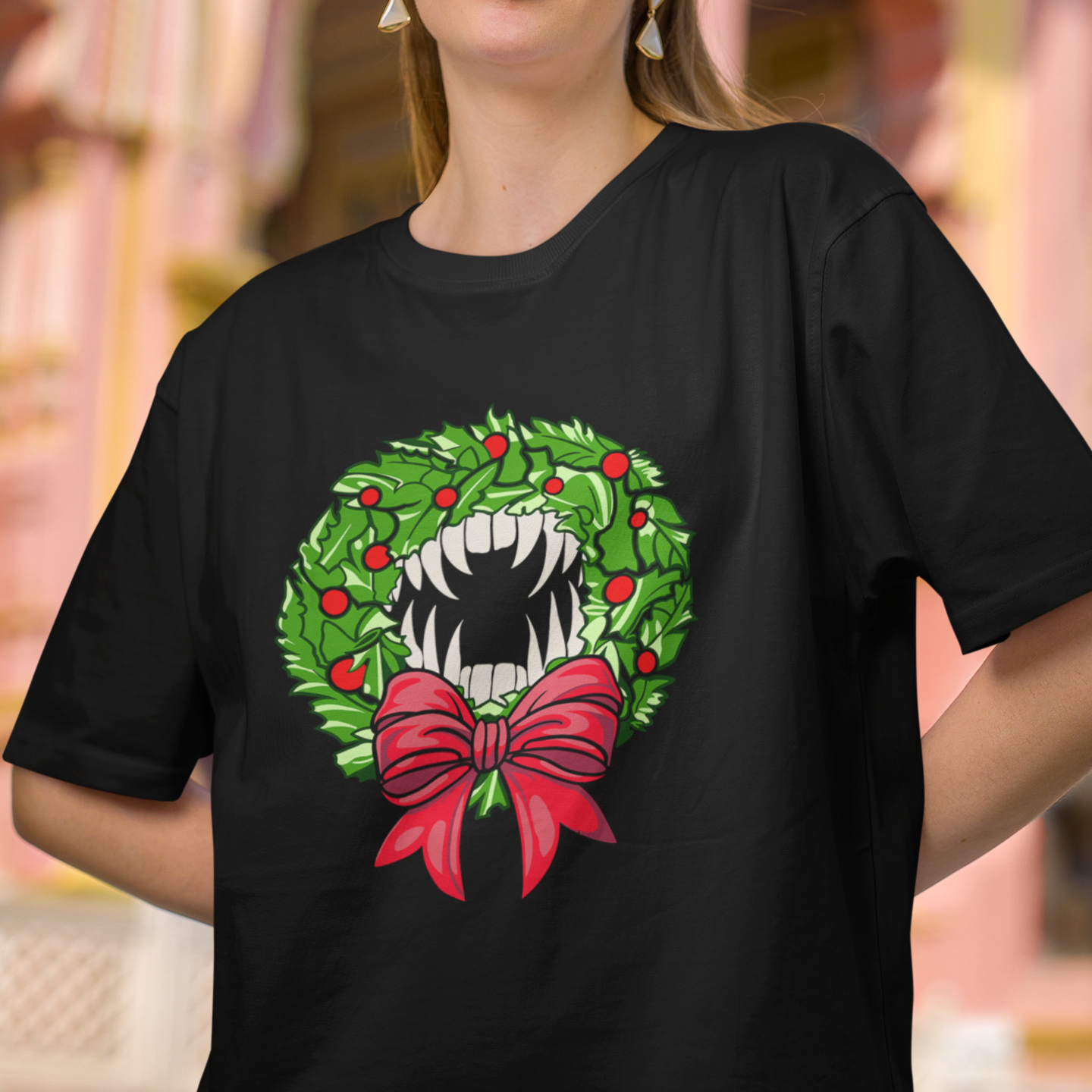 Holiday Vampire Wreath Black Tee Shirt