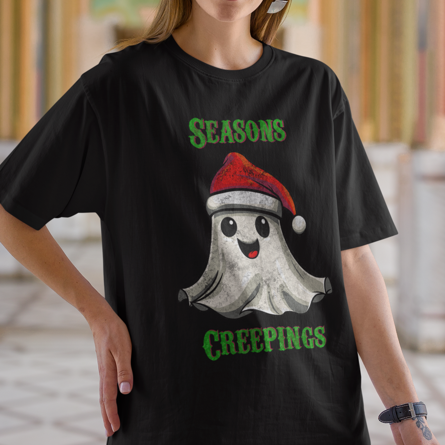Holiday Christmas Spirit Ghost Black Tee Shirt