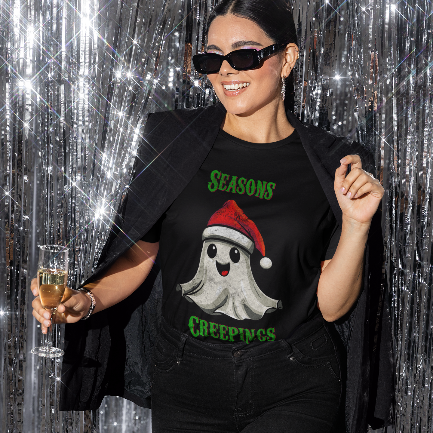 Holiday Christmas Spirit Ghost Black Tee Shirt