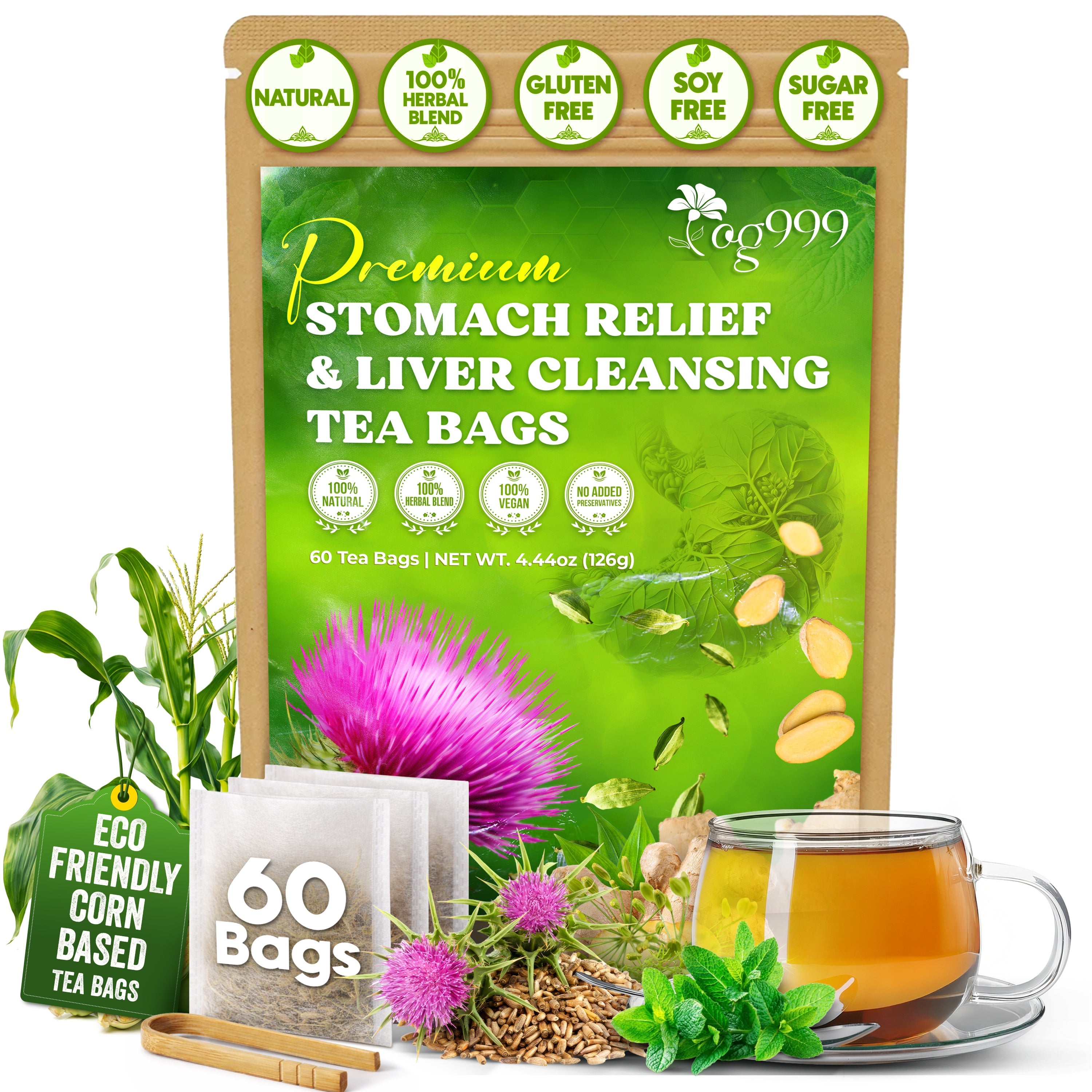 Premium Stomach & Liver Herbal Tea | Milk Thistle Seed, Ginger, Fennel, Peppermint & Licorice