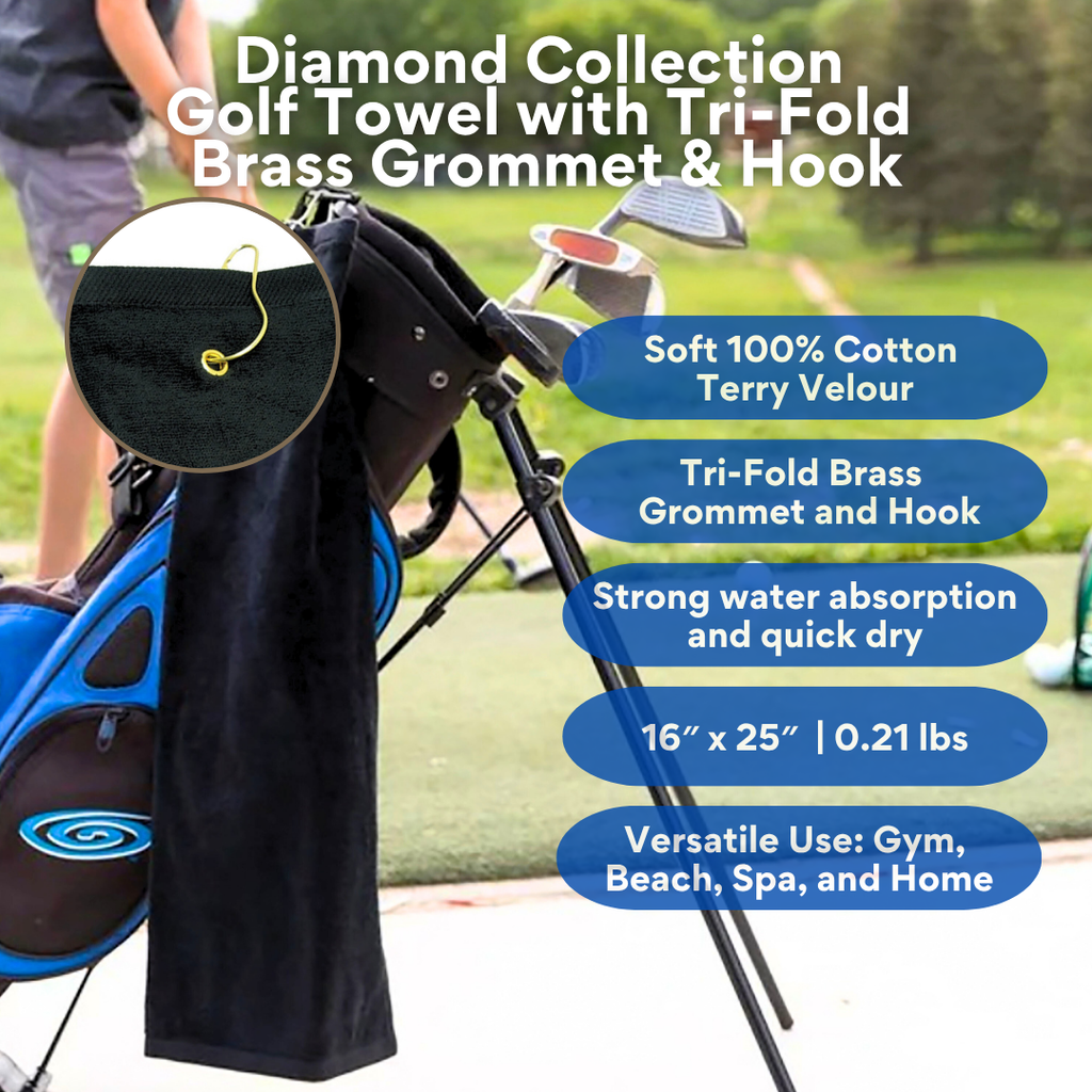 Tri-Fold Diamond Velour Golf Towel: Grommet & Hook Pack of 3