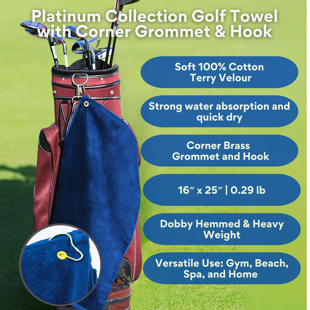Platinum Velour Golf Towel Corner Grommet & Hook Pack of 3