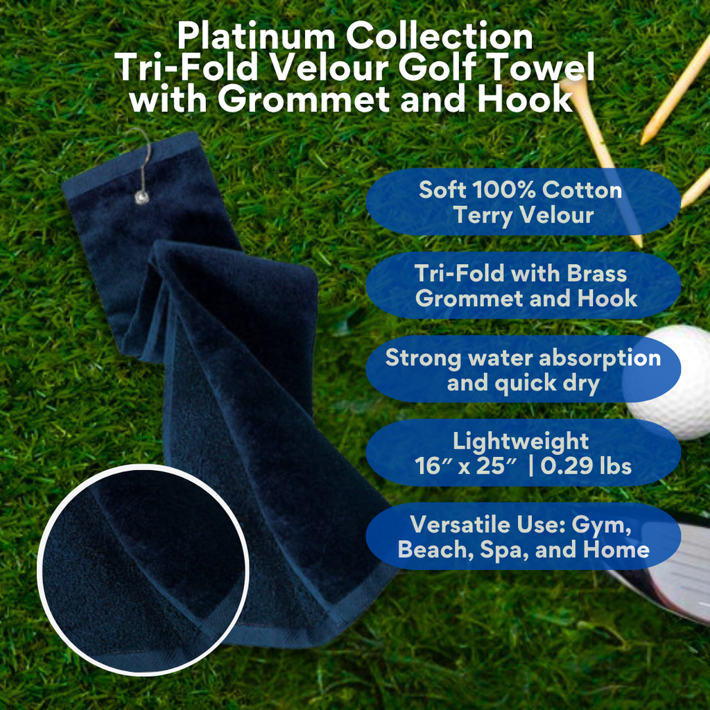Tri-Fold Platinum Velour Golf Towel: Grommet & Hook - Pack of 3