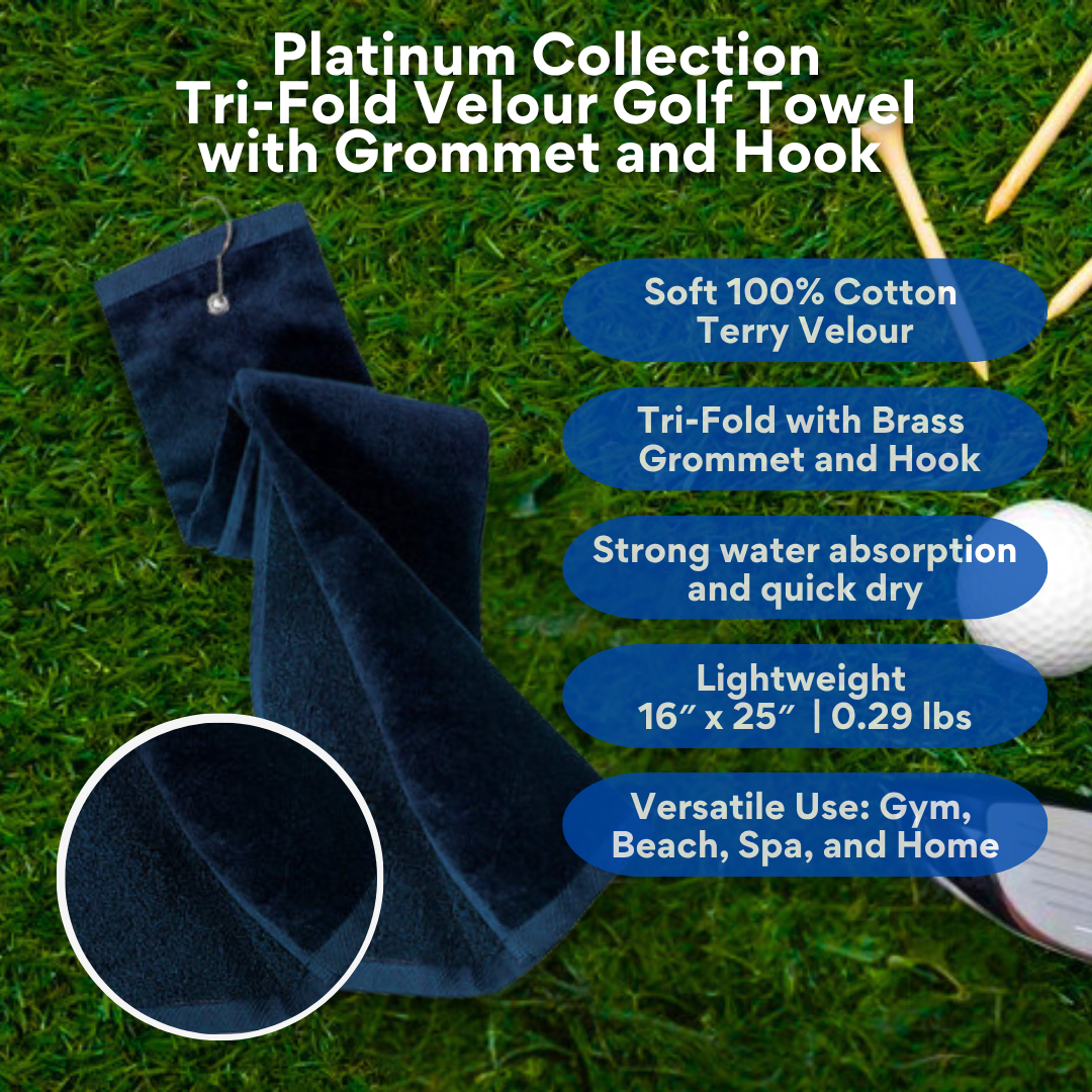 Tri-Fold Platinum Velour Golf Towel: Grommet & Hook - Pack of 3