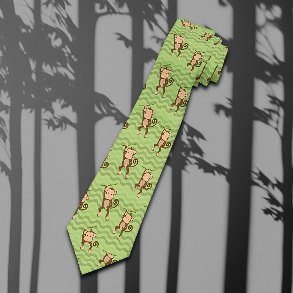 "DirkyThreadz Monkey Mayhem Necktie - Whimsical Green Design with Cartoon Monkeys"