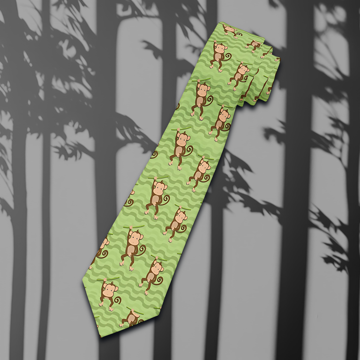 "DirkyThreadz Monkey Mayhem Necktie - Whimsical Green Design with Cartoon Monkeys"