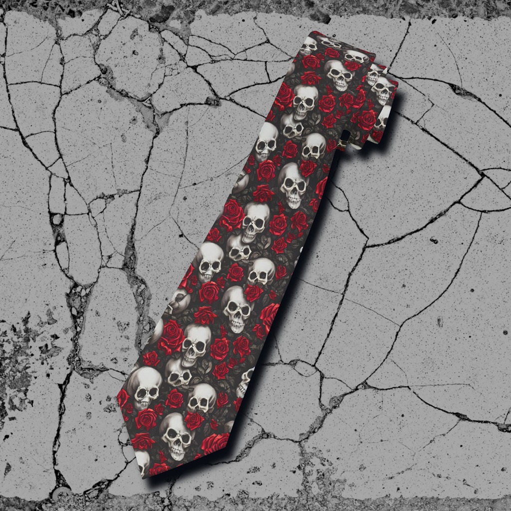 "DirkyThreadz Skull and Rose Necktie - Edgy Red and Black Design for Bold Elegance"