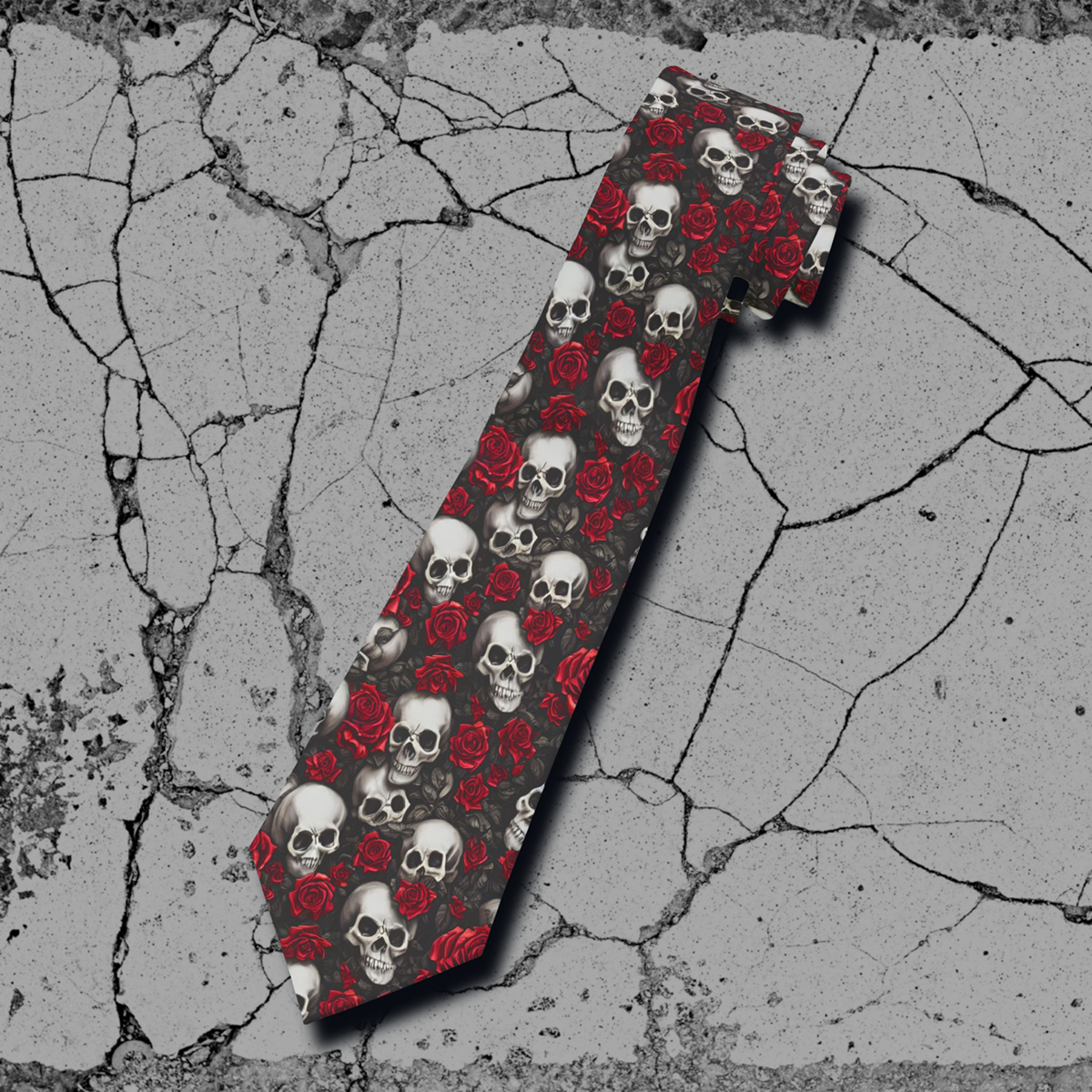"DirkyThreadz Skull and Rose Necktie - Edgy Red and Black Design for Bold Elegance"