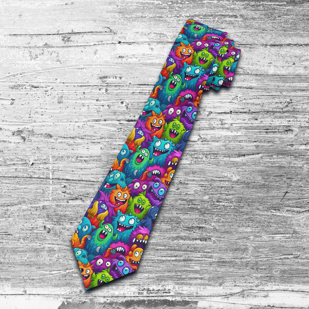 "DirkyThreadz Monster Mayhem Necktie - Vibrant Cartoon Design for Fun and Style"