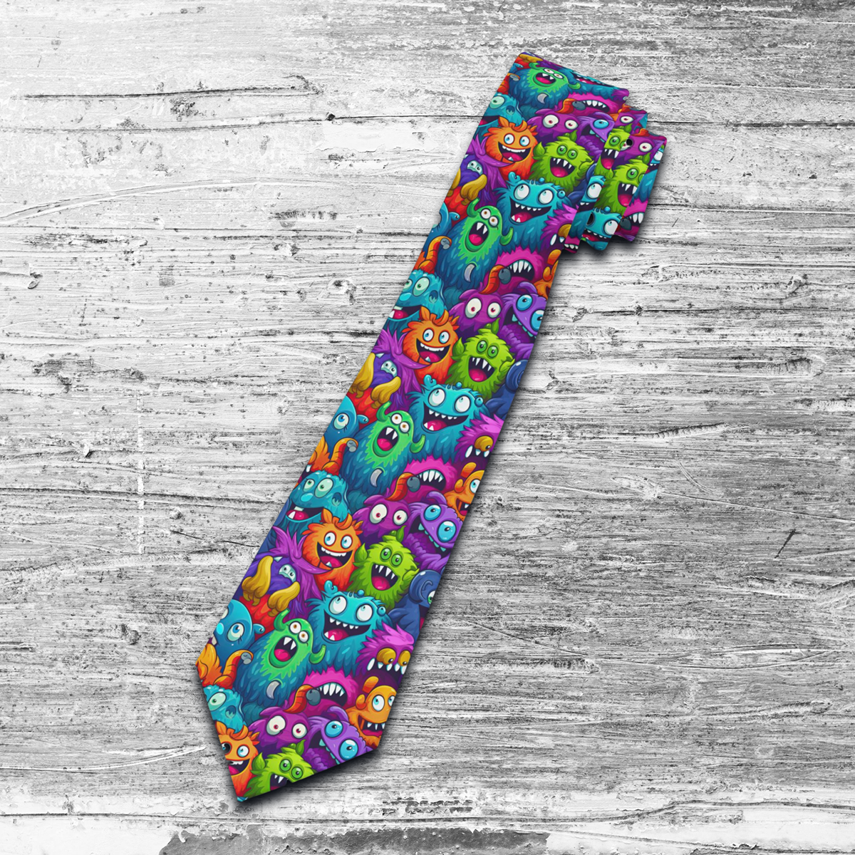 "DirkyThreadz Monster Mayhem Necktie - Vibrant Cartoon Design for Fun and Style"