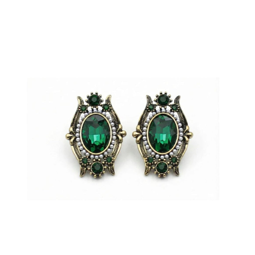 Vintage Baroque Style Emerald Green Crystal Faux Pearls Earrings Antique Gold