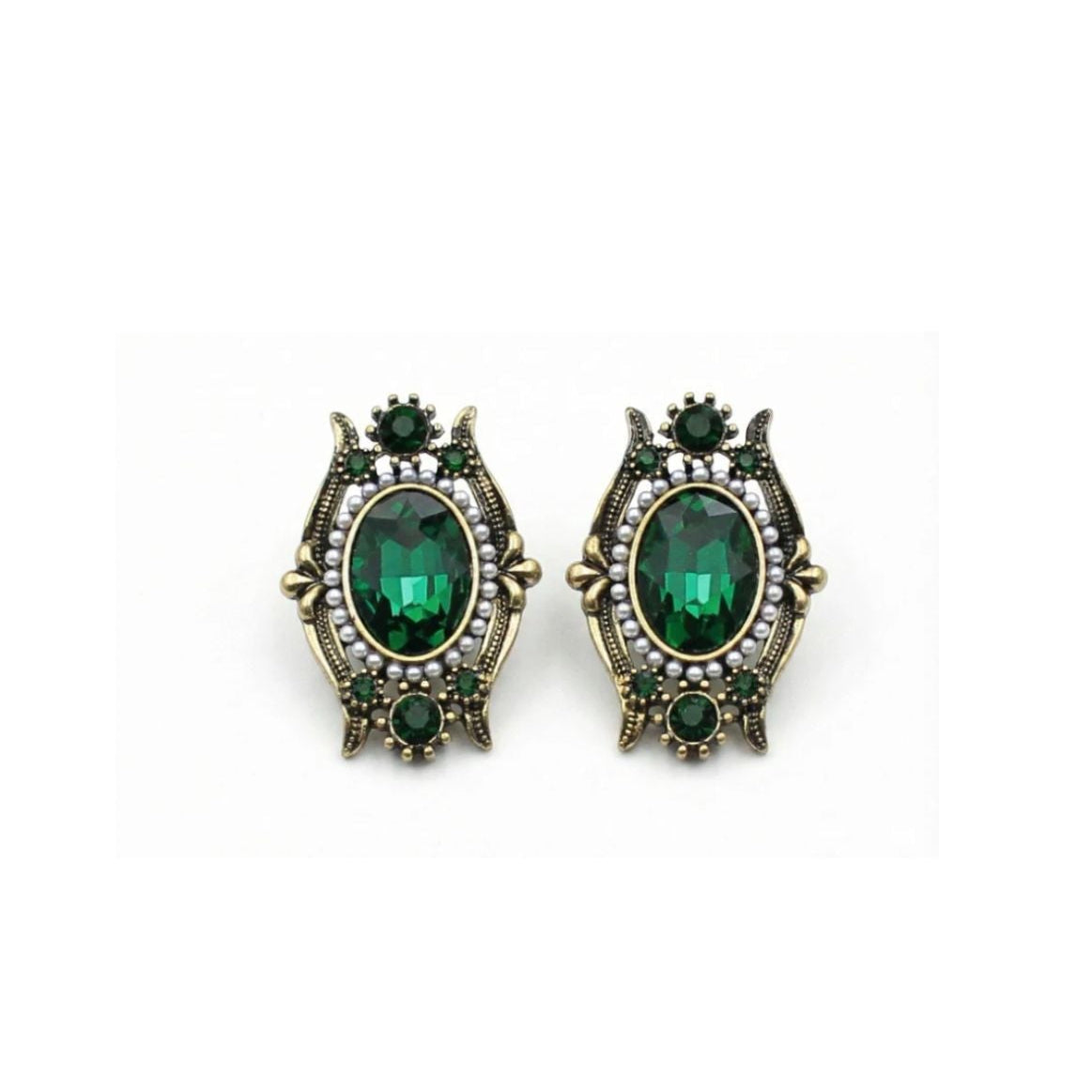 Vintage Baroque Style Emerald Green Crystal Faux Pearls Earrings Antique Gold