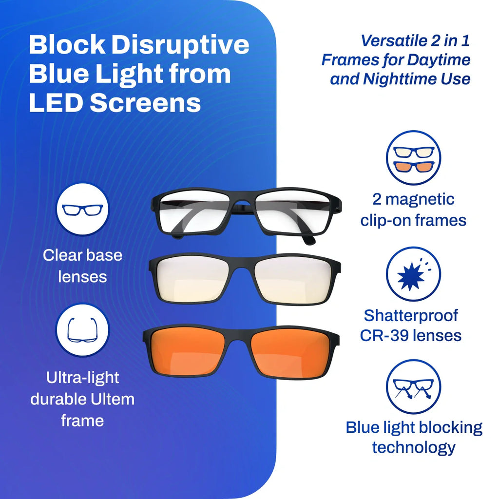 Versa Blue Light Blocking Glasses – with Interchangeable 50% and 99% Blocking Lenses