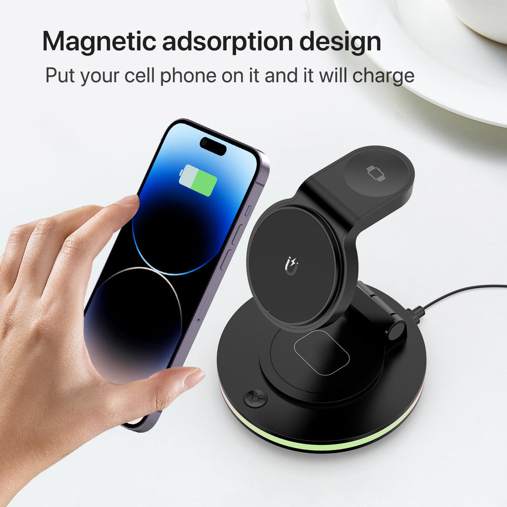 Foldable 4-in-1 Magnetic Wireless Charging Station with 7-Color Night Light for iPhone, Apple Watch & AirPods