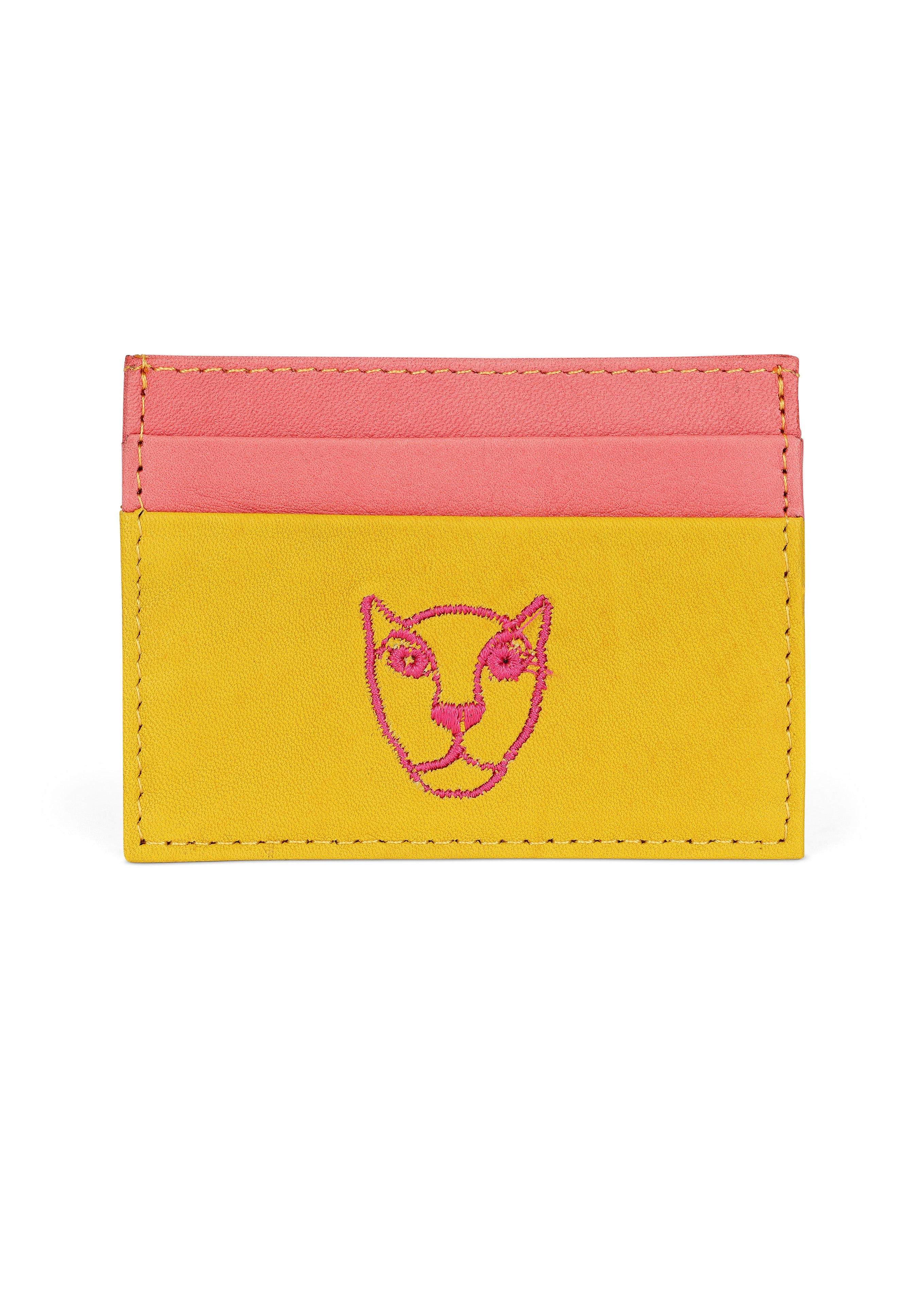 Jaguar Leather Card Holder Wallet Yellow and Pink