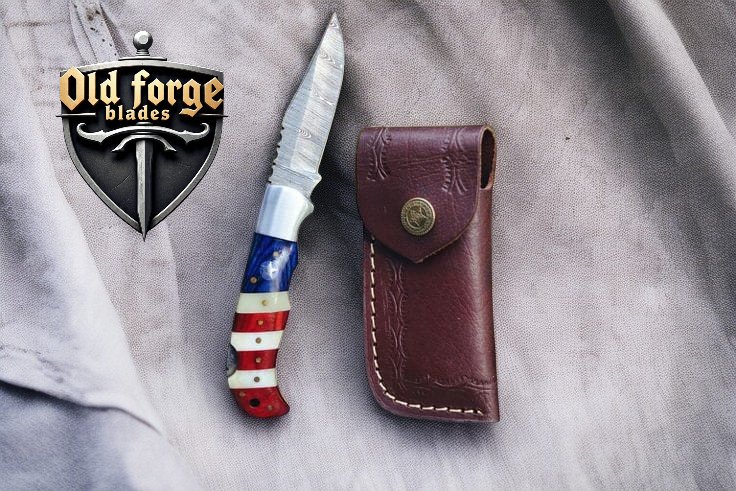 Premium Damascus Pocket Knife – US Flag Wood & Bone Handle