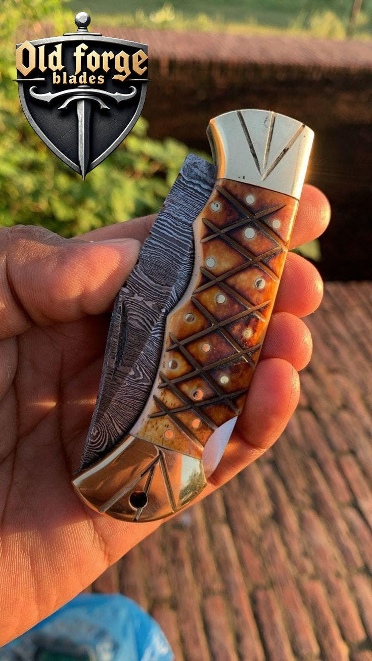 Exclusive Handmade Damascus Pocket Knife – Burl Camel Bone Handle