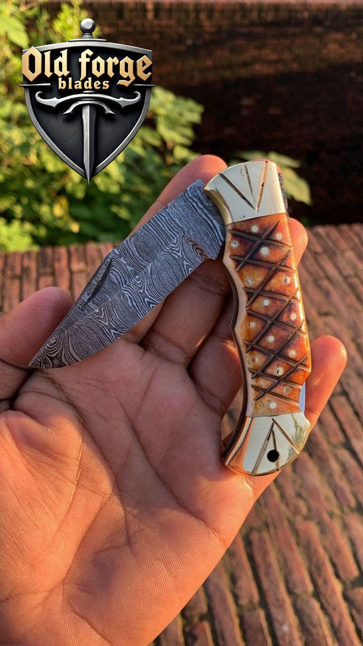 Exclusive Handmade Damascus Pocket Knife – Burl Camel Bone Handle