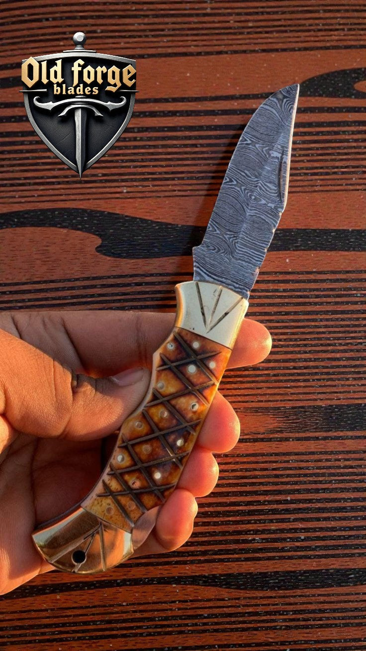 Exclusive Handmade Damascus Pocket Knife – Burl Camel Bone Handle
