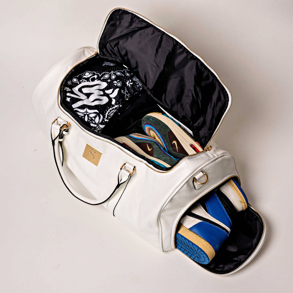 White Leather Weekender Duffle Bag