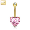 14k Solid Yellow Gold Prong Set Pink 6mm CZ Heart Belly Ring