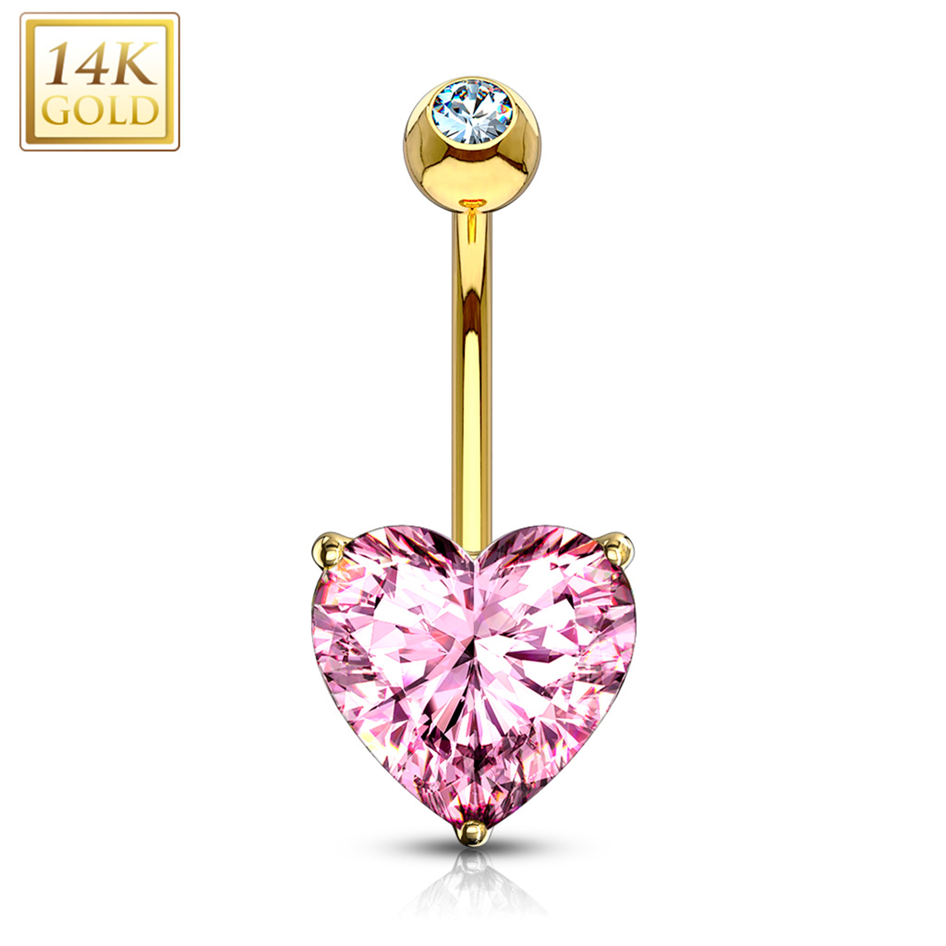 14k Solid Yellow Gold Prong Set Pink 6mm CZ Heart Belly Ring