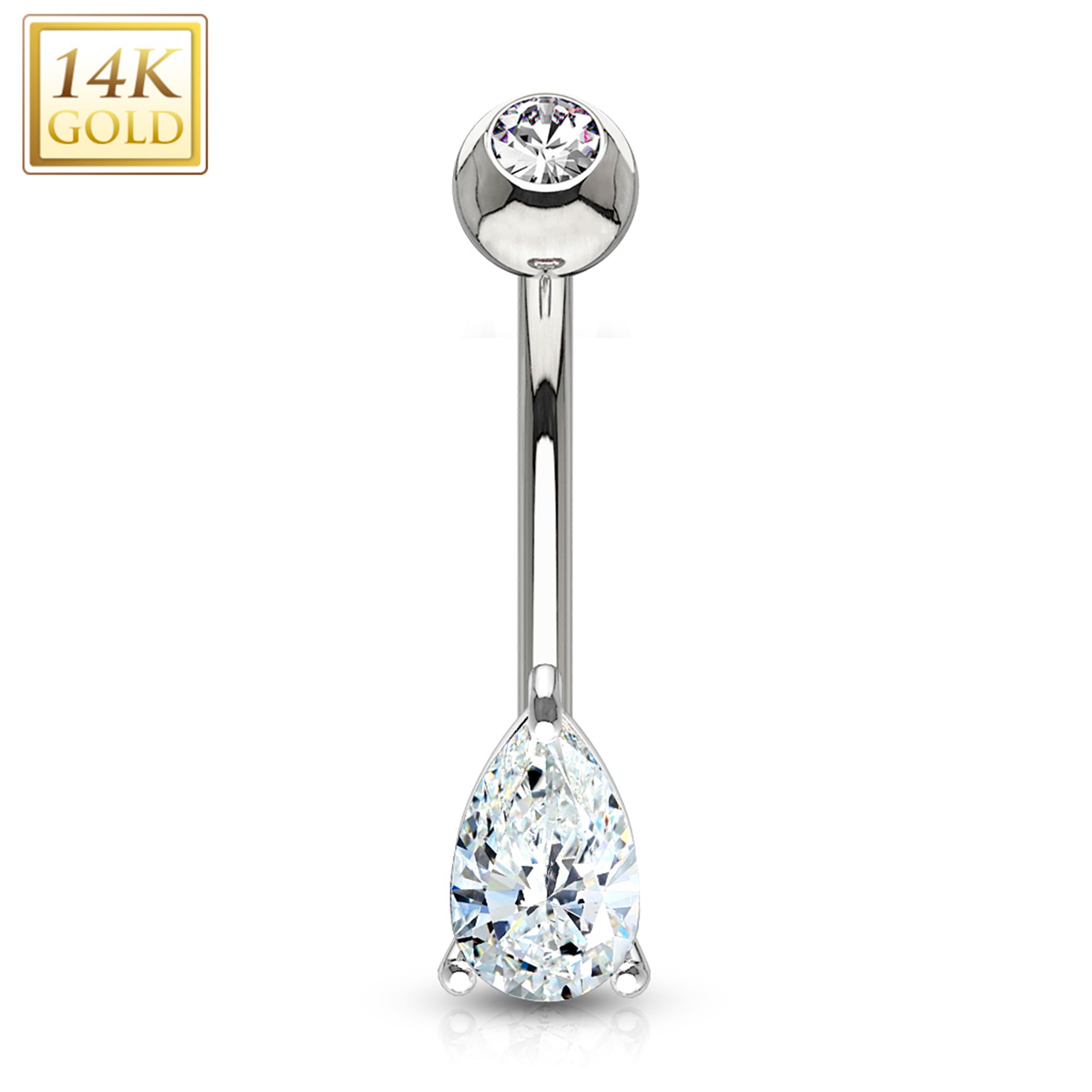 14k Solid White Gold 9mm CZ Deluxe Tear Drop Belly Ring