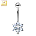 14k Solid White Gold Fancy Cubic Zirconia Flower Belly Ring