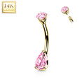 14k Solid Yellow Gold Double Prong Set Pink Teardrop Cubic Zirconia Belly Ring