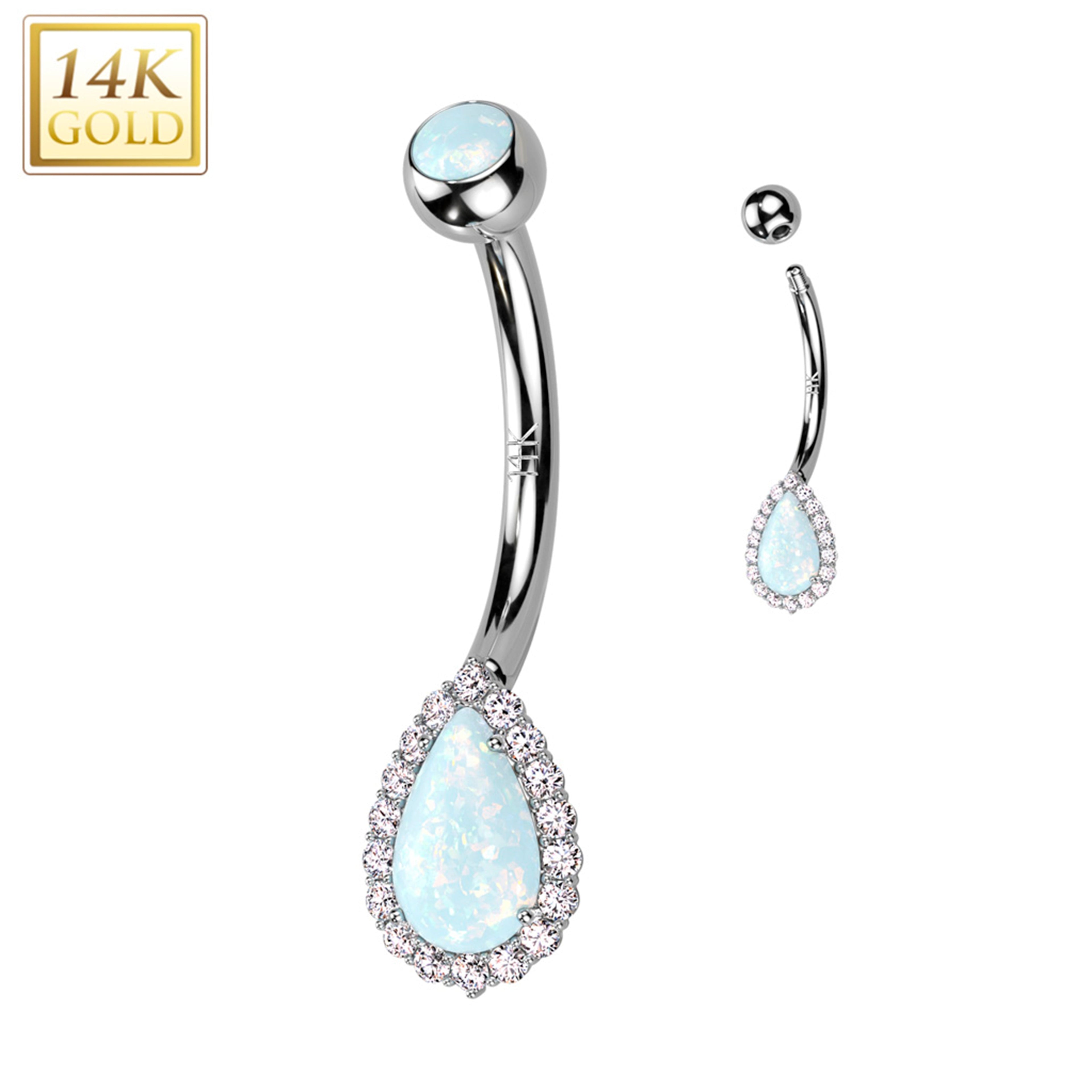 14k Solid White Gold CZ Synthetic Opal Deco Tear Drop Belly Ring