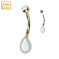14k Solid Yellow Gold CZ Synthetic Opal Deco Tear Drop Belly Ring