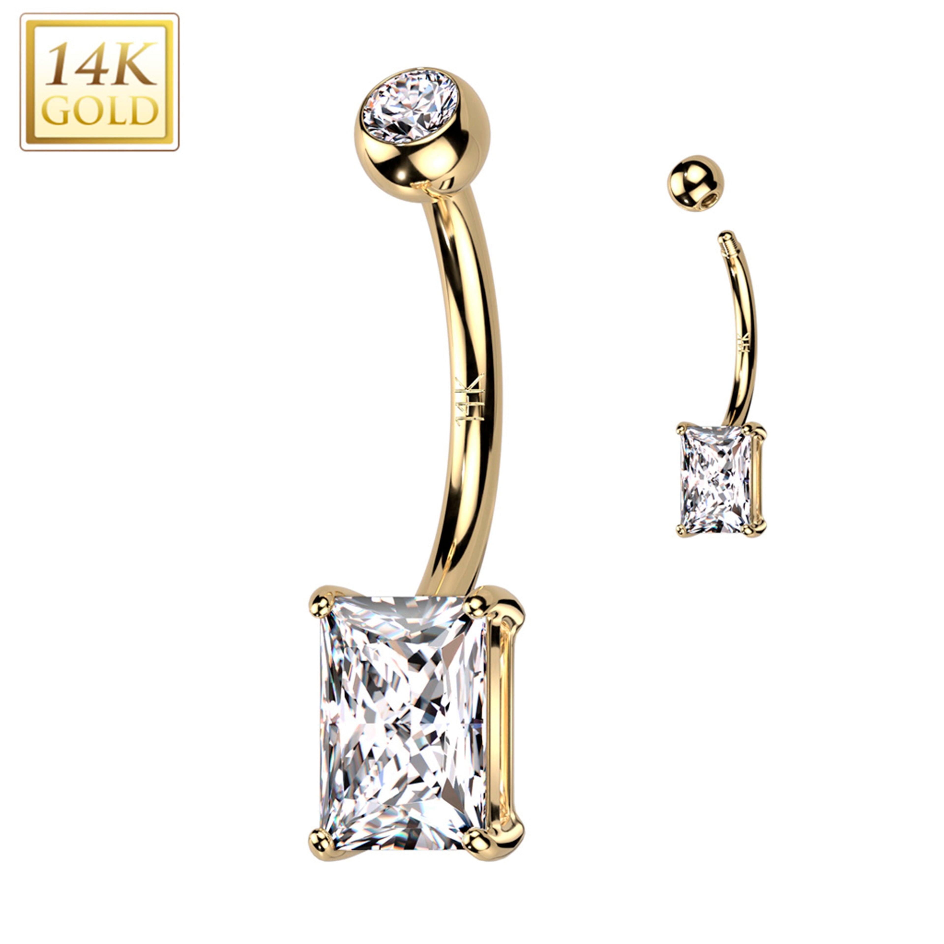 14k Solid Yellow Gold 6mm Princess Cubic Zirconia Belly Ring