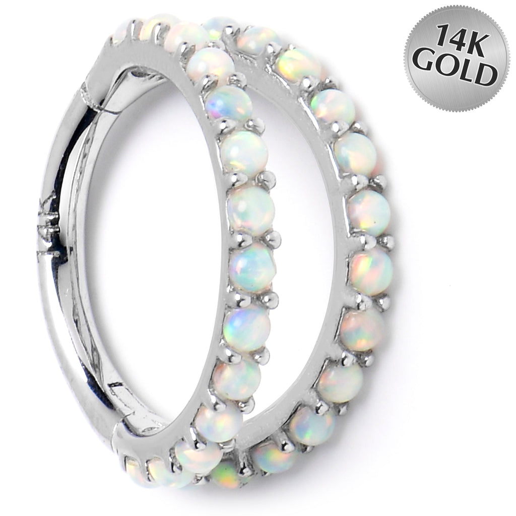 16G 5/16 Solid 14K White Gold Synthetic Opal Hinged Segment Ring
